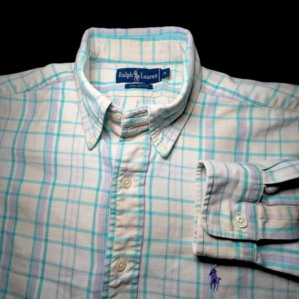 Ralph Lauren Plaid Button Shirt Mens Medium Pastel Teal Lavender‎ Cotton Preppy